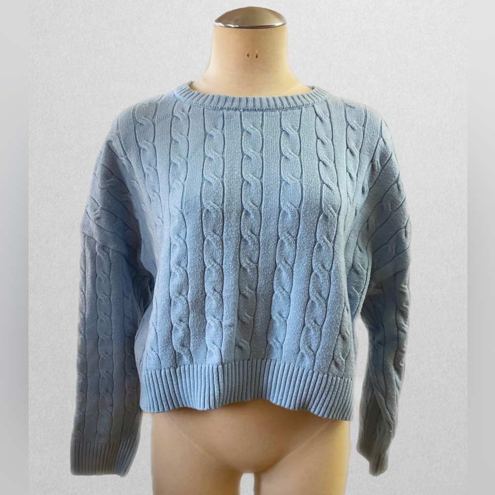 Light Blue Cropped Cable Knit Sweater